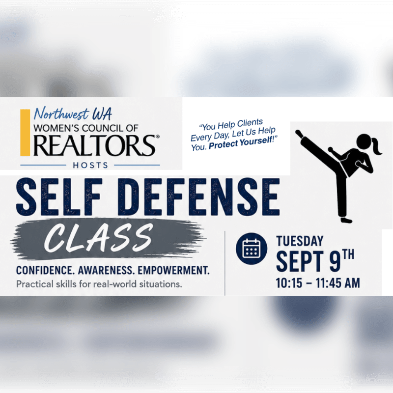 A self-defense class hosted by Northwest WA Women's Council of REALTORS is advertised with a martial arts silhouette in the background and event details in the foreground.