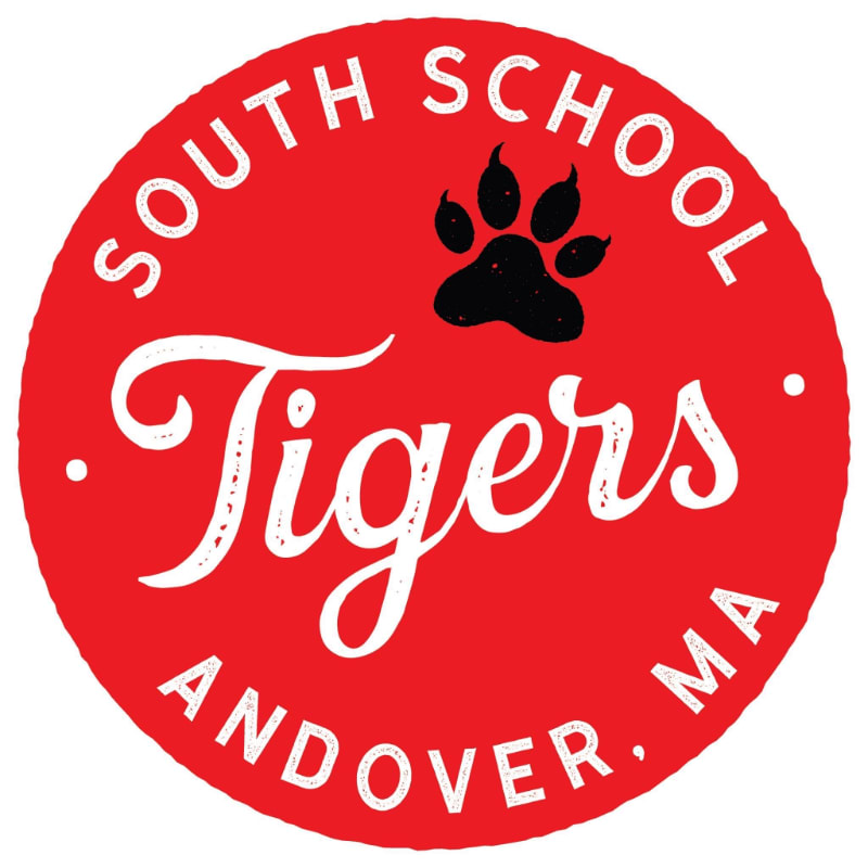 A red circular logo with "SOUTH SCHOOL" at the top, "TIGERS" in script in the center with a paw print above it, and "ANDOVER, MA" at the bottom.