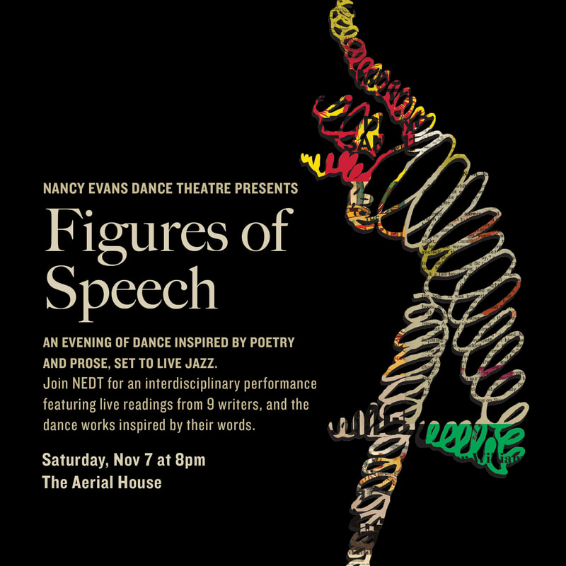 A stylized dancer in colorful, abstract lines is superimposed over a black background with event details for "Figures of Speech" by Nancy Evans Dance Theatre.