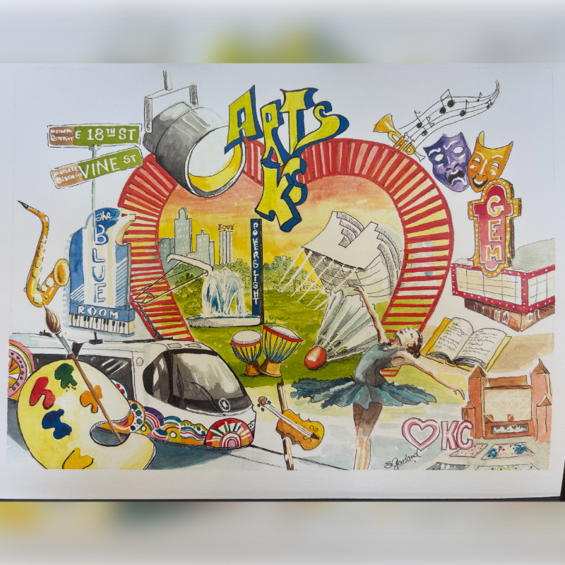 A vibrant collage of Kansas City's arts scene, featuring a dancer and musical instruments in the foreground, with iconic city landmarks and theater marquees in the background.