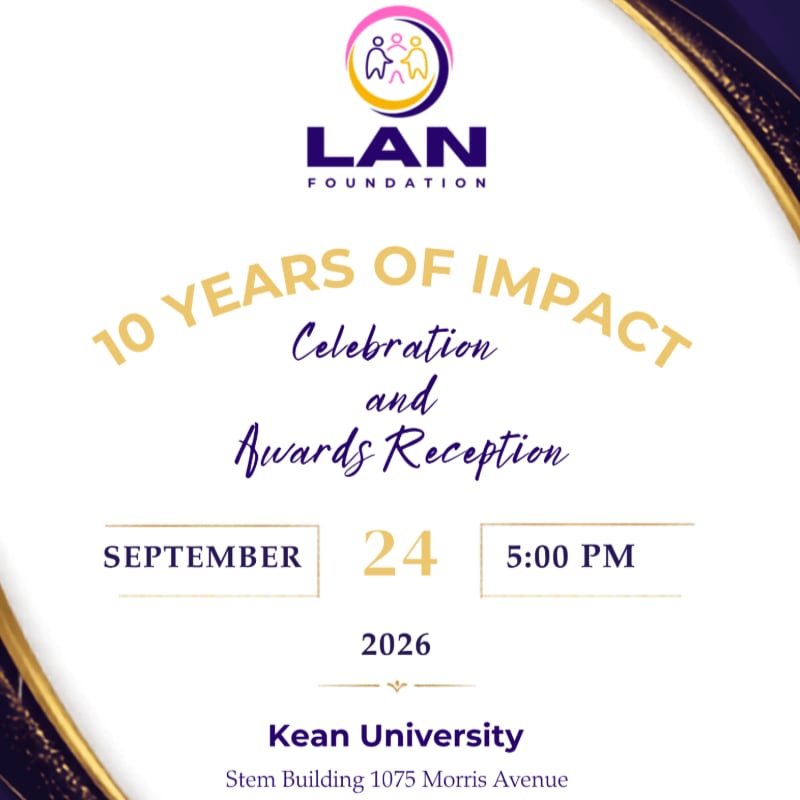 A white invitation with gold accents announces a "10 Years of Impact Celebration and Awards Reception" for the LAN Foundation on September 24, 2026, at Kean University.