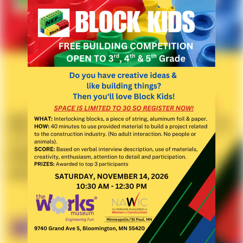 Colorful building blocks fill the foreground of a flyer advertising a free "Block Kids" building competition for 3rd, 4th, and 5th graders, with event details and logos in the background.