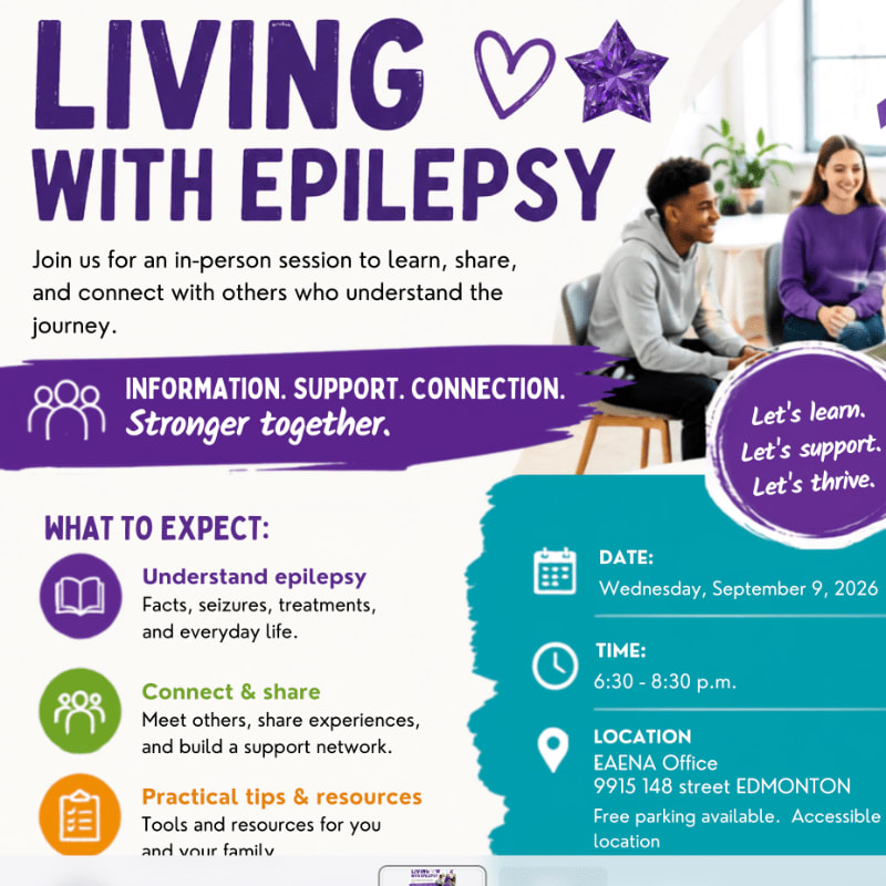 A purple and teal flyer advertises an in-person session about living with epilepsy, featuring a background image of a smiling couple.