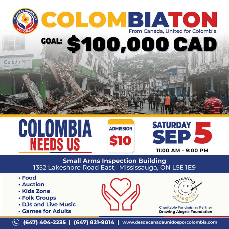 A poster for a fundraising event called "Colombiaton" features a devastated city street in the background and event details in the foreground.