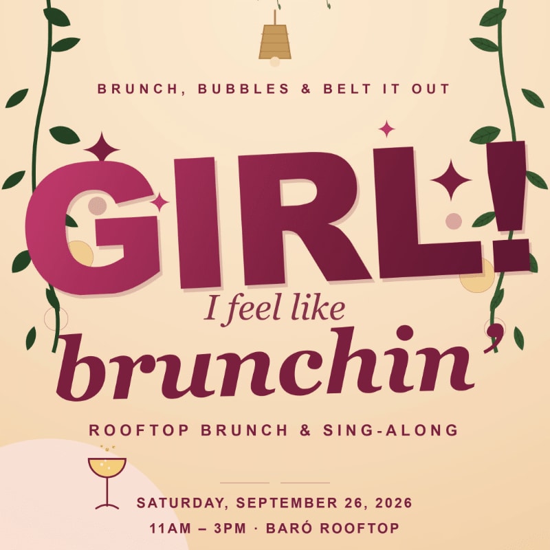 Green vines frame a celebratory invitation for a "Girl! I feel like brunchin'" rooftop brunch and sing-along event on Saturday, September 26, 2026.