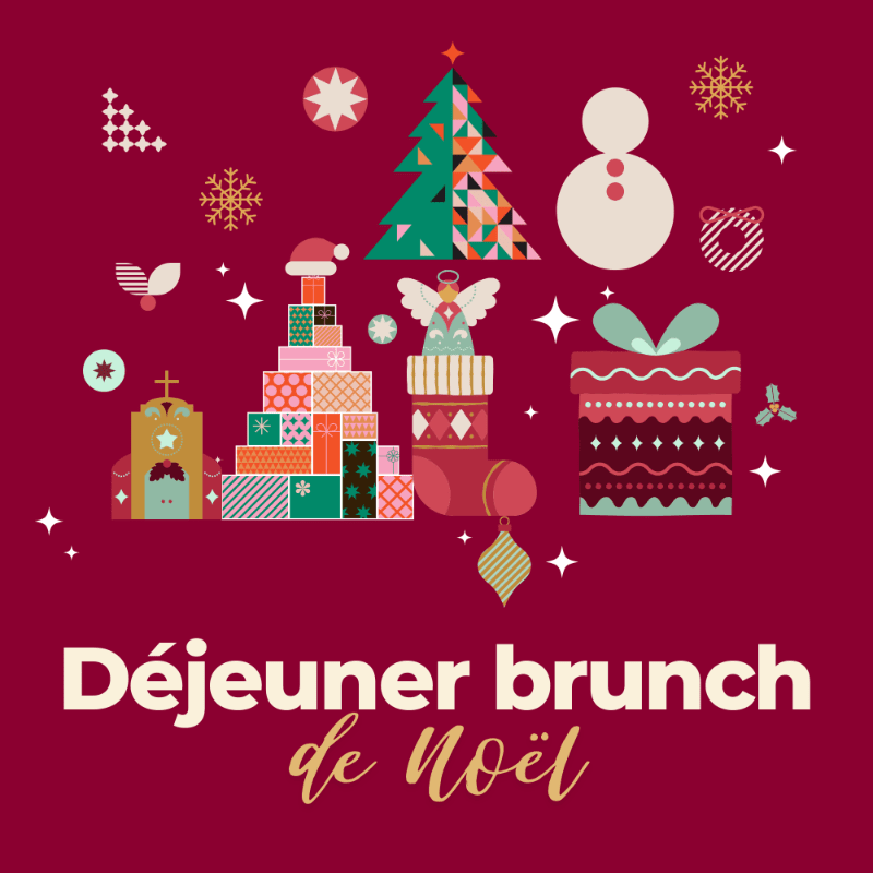 A festive Christmas brunch invitation features a colorful stack of gifts, a stocking with an angel, a snowman, and a decorated tree in the foreground against a deep red background with scattered snowflakes and stars.
