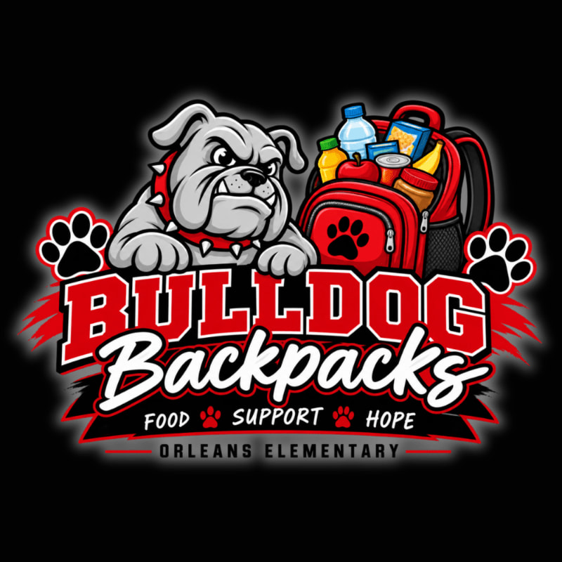 A fierce bulldog peeks over the "BULLDOG Backpacks" text, which is adorned with paw prints and a red backpack filled with food, all set against a black background.