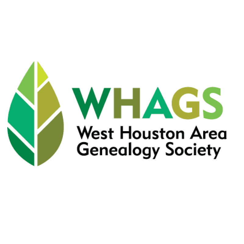 A green leaf-shaped logo with segmented sections is to the left of the text "WHAGS West Houston Area Genealogy Society" on a white background.