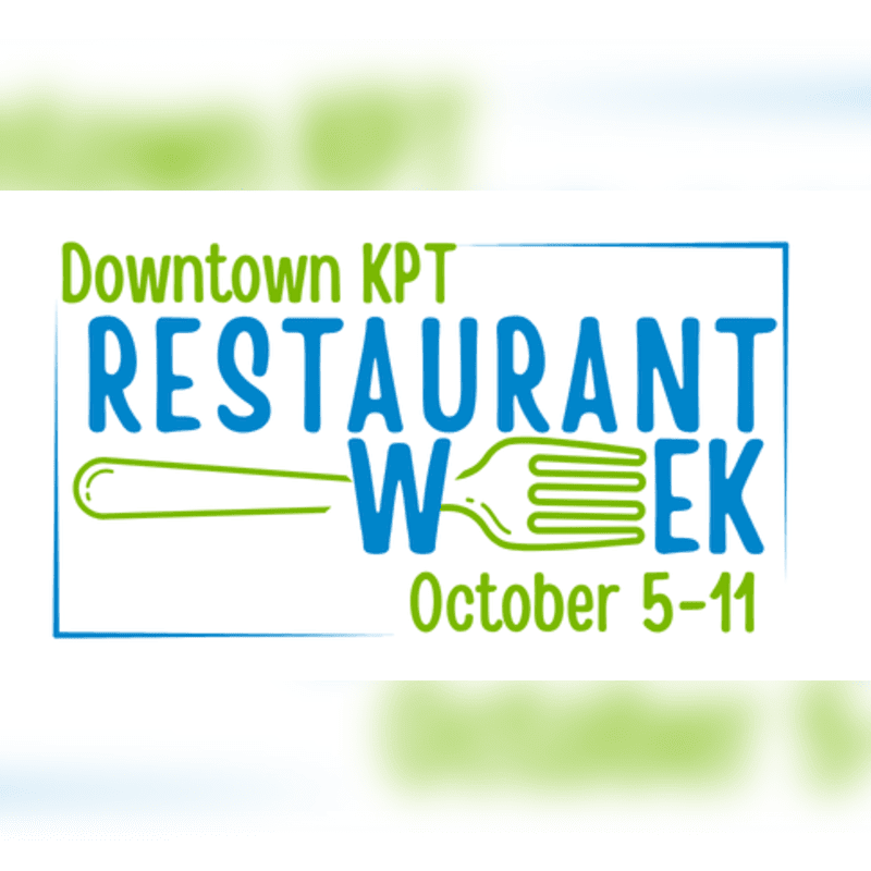 A blue and green graphic advertises "Downtown KPT Restaurant Week" with a fork integrated into the text, set against a blurred background of green and white.