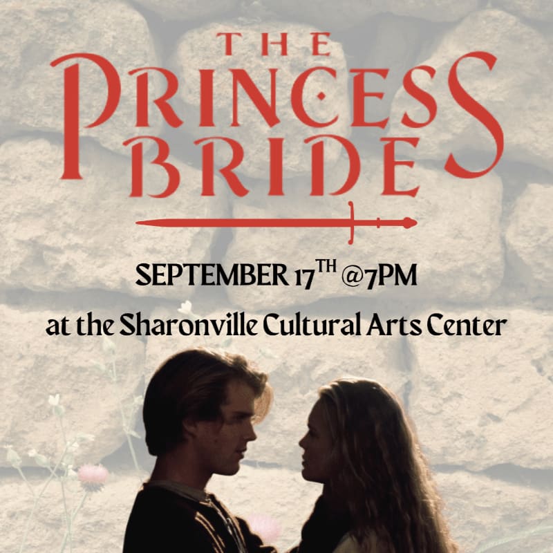 A stone wall forms the background for the title "The Princess Bride" and event details, with a couple embracing in the foreground.