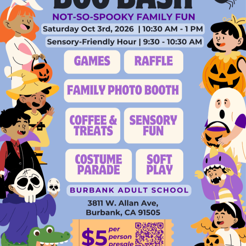 Children in costumes are featured in the foreground of this flyer advertising a "Not-So-Spooky Family Fun" event with various activities listed against a light blue background.