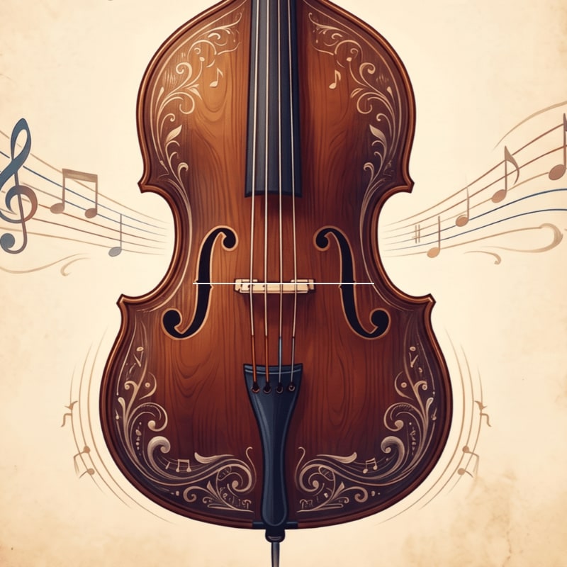 A beautifully ornate cello stands in the foreground, surrounded by flowing musical notes in the background.