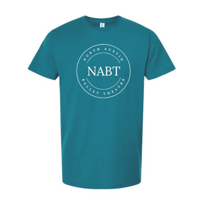 A teal t-shirt with a white circular logo reading "NABT NORTH AUSTIN BALLET THEATRE" is displayed against a plain white background.