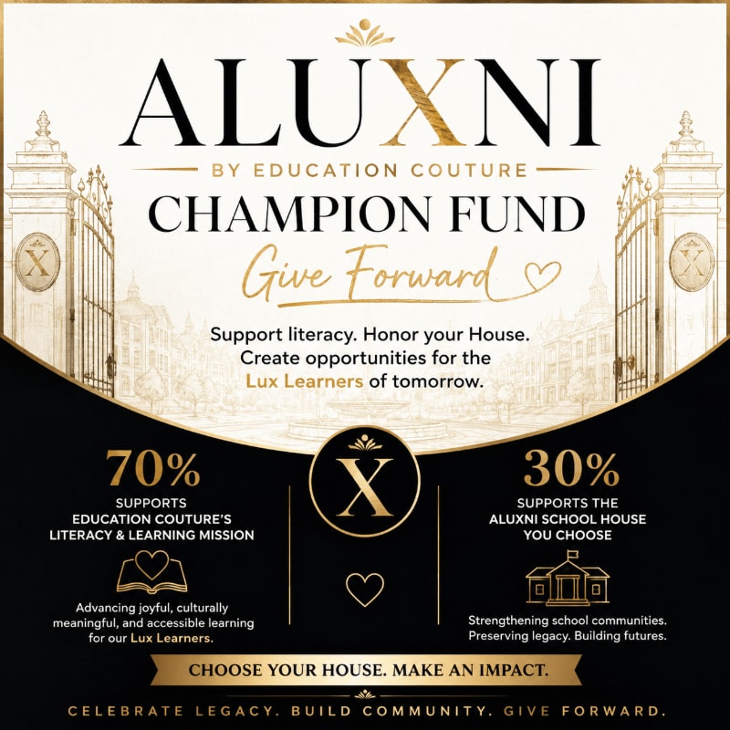 A golden gate stands behind text promoting the "ALUXNI CHAMPION FUND" which is a literacy and learning initiative, with statistics and calls to action in the foreground.