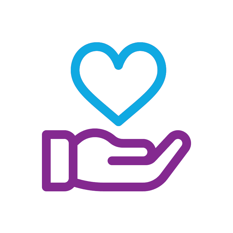 A purple hand is open, holding a blue heart above it against a white background.