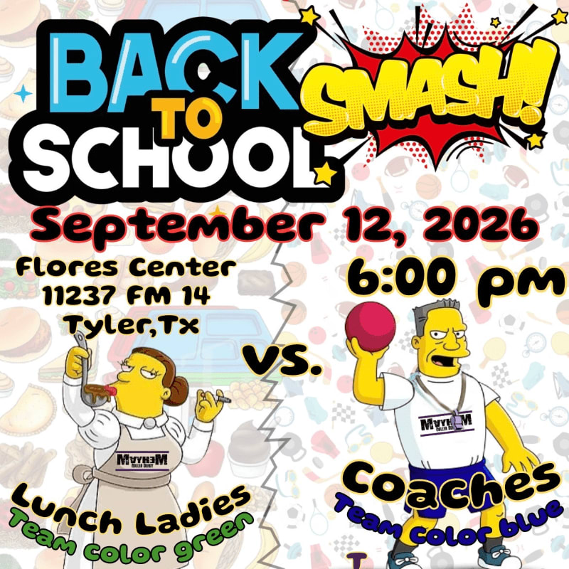 In the foreground, cartoon characters representing "Lunch Ladies" and "Coaches" are depicted, while the background features bold "BACK TO SCHOOL SMASH!" text and event details.