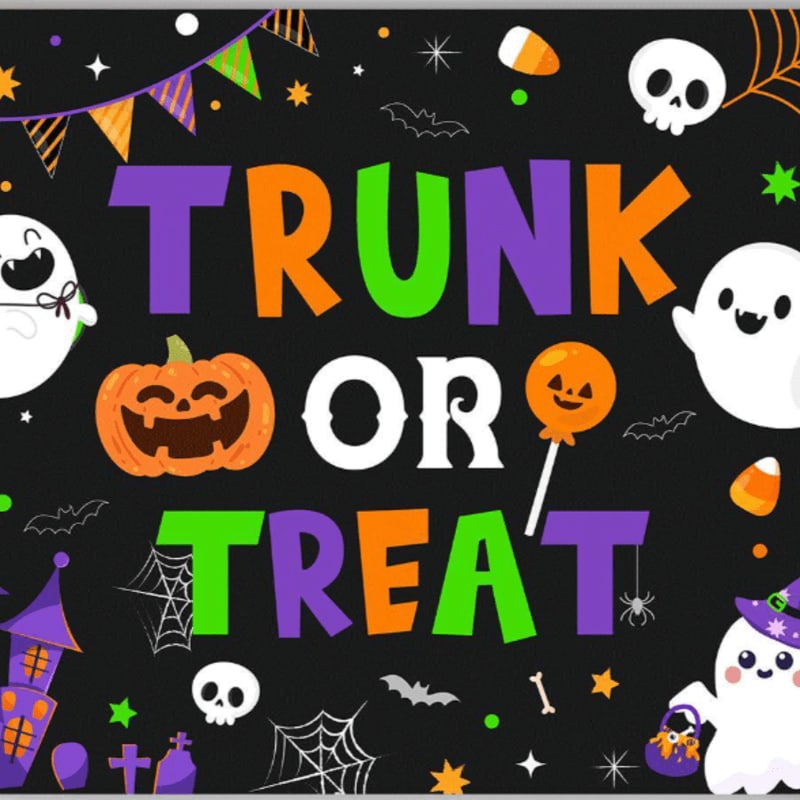 Cute cartoon ghosts, a pumpkin, and Halloween decorations fill the foreground, while the background is a dark, starry night with bats and candy corn.