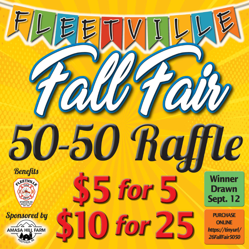 Colorful banners and text announce the Fleetville Fall Fair 50-50 Raffle, with details about pricing and the drawing date against a yellow, sunburst-patterned background.