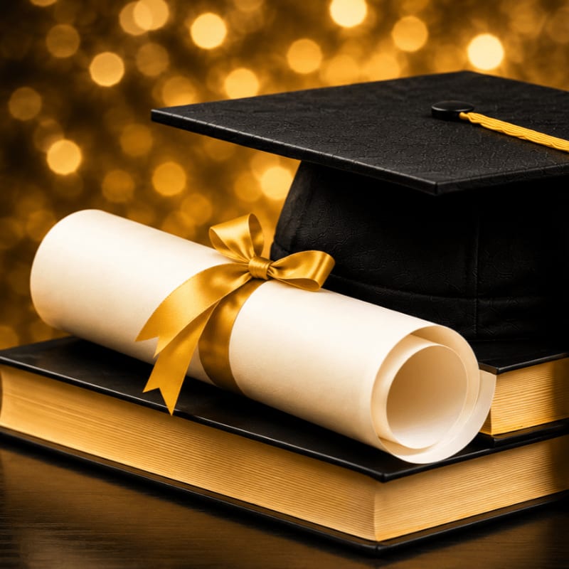 A graduation cap and diploma tied with a gold ribbon rest on a stack of gold-edged books, set against a bokeh background of golden lights.