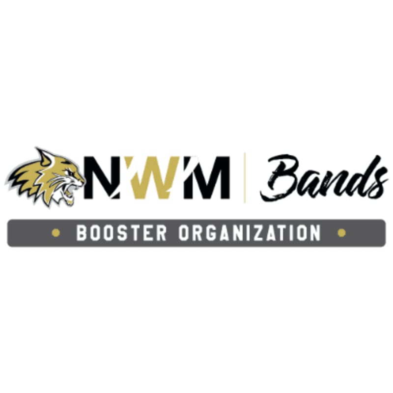 A fierce bobcat logo stands to the left of "NWM Bands" in bold lettering, with "BOOSTER ORGANIZATION" in a gray bar below, all against a white background.