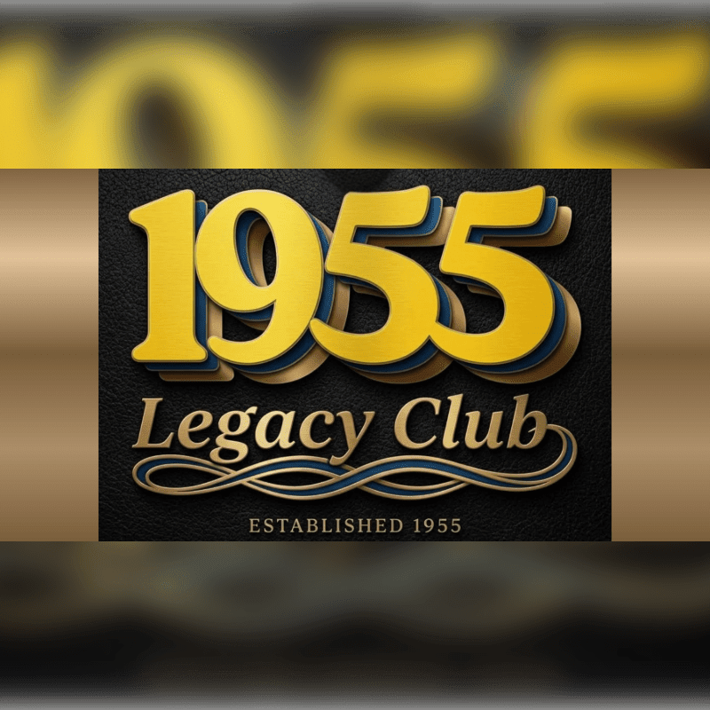 A textured black background with a gold and blue "1955 Legacy Club" logo in the foreground is blurred into a golden hue in the background.