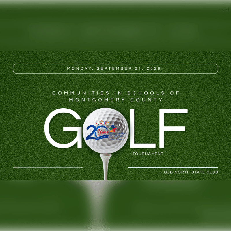 A golf ball with a "20 Years" logo sits on a tee in the foreground, with the text "GOLF TOURNAMENT COMMUNITIES IN SCHOOLS OF MONTGOMERY COUNTY" and event details on a textured green background.