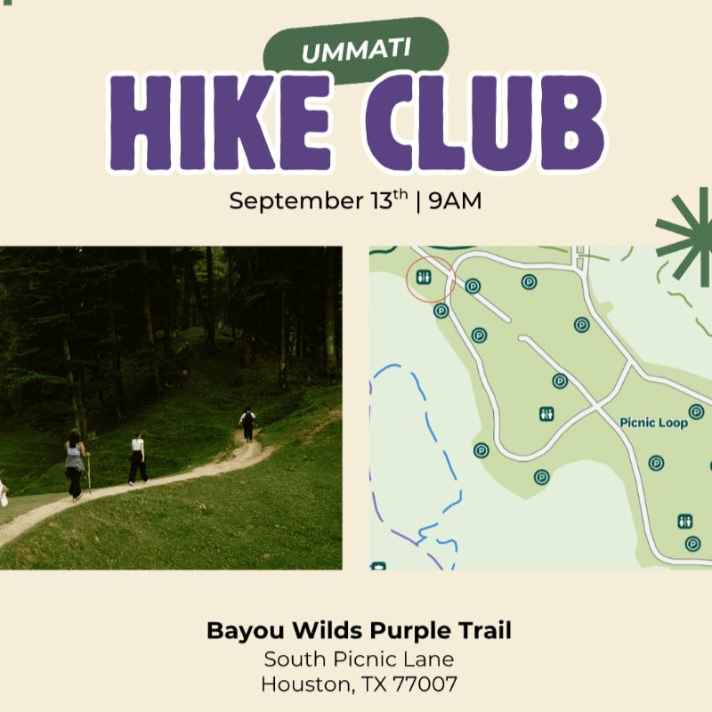 A graphic advertises the UMMATI Hike Club on September 13th at 9 AM, featuring a photo of people hiking on a wooded trail in the foreground and a park map in the background.