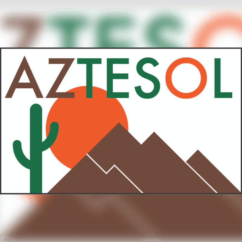 A stylized desert landscape with a saguaro cactus and mountains in the foreground is set against a white background with the word "AZTESOL" in large, colorful letters.