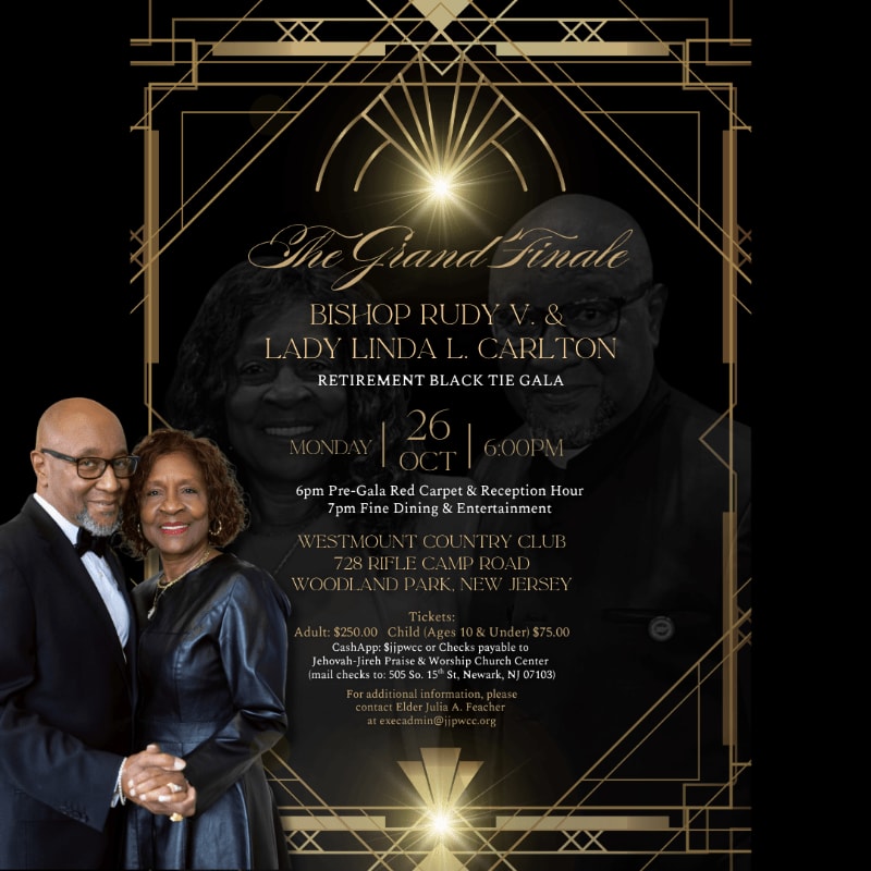 A smiling couple in formal attire stands in the foreground against a black background with art deco-inspired gold geometric designs and event details.