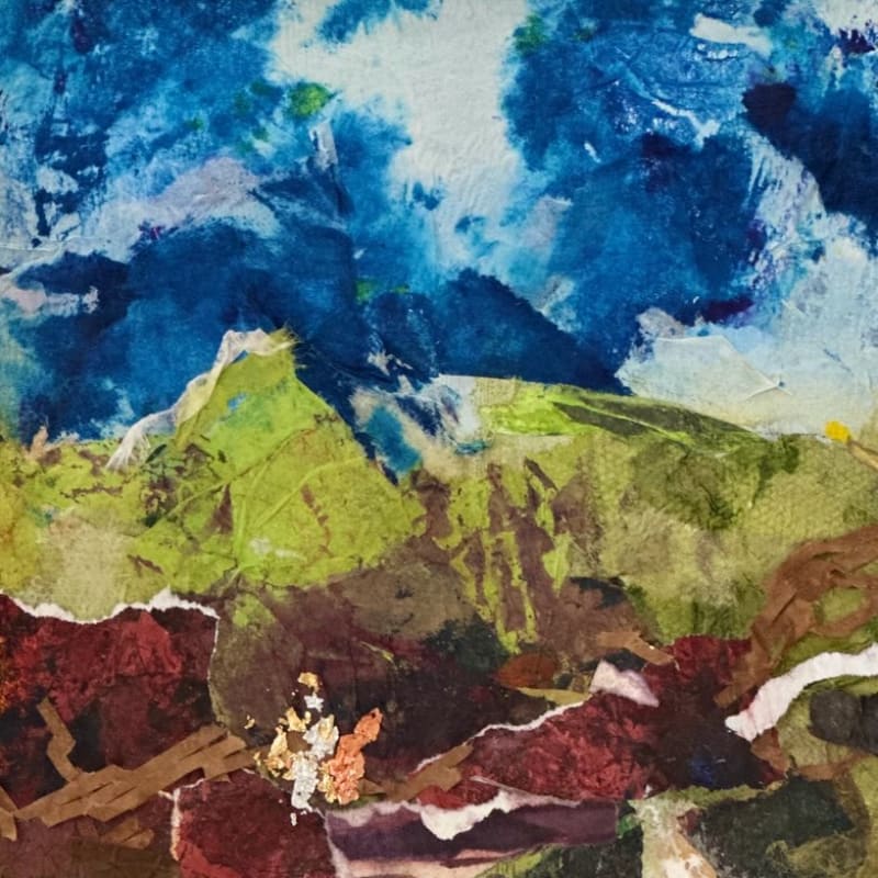 Textured collage art features a vibrant blue sky and green hills in the background, with a foreground of torn paper in earthy tones.