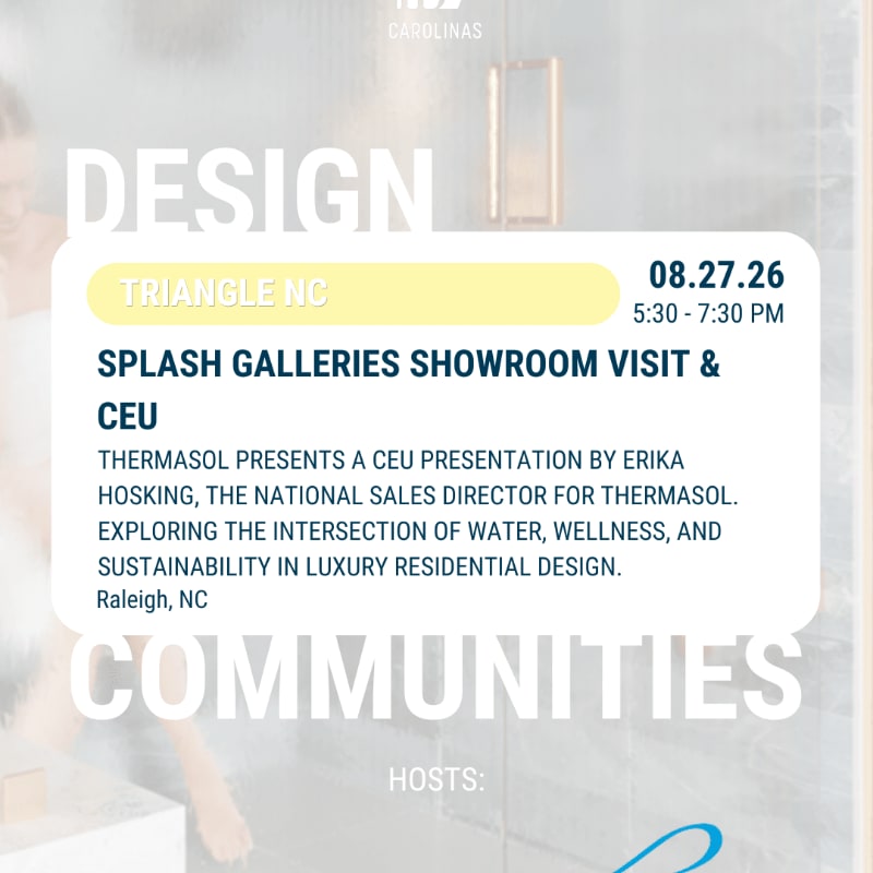 A blurred background of a modern bathroom complements the foreground text announcing a "Splash Galleries Showroom Visit & CEU" event in Triangle, NC.