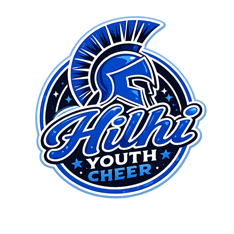 A blue Spartan helmet with "Hihhi Youth Cheer" written below it is set against a dark blue background with stars and sparkles.