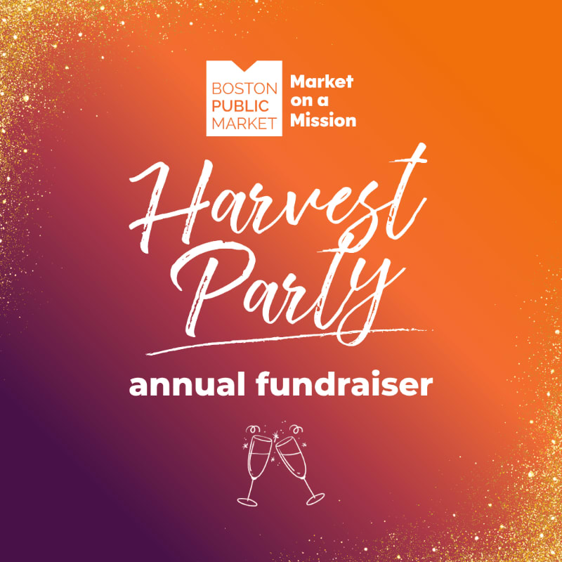 Sparkling gold glitter frames a gradient background of orange and purple, with "Harvest Party annual fundraiser" written in white script and block letters, and two champagne glasses in the foreground.