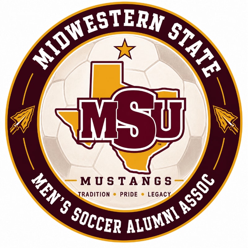 A circular logo with a soccer ball pattern in the background features the outline of Texas with "MSU" in maroon and gold in the foreground, all surrounded by text indicating "Midwestern State Men's Soccer Alumni Assoc Mustangs Tradition Pride Legacy."