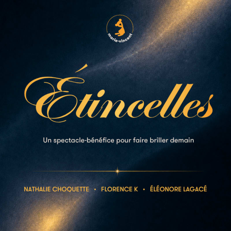 Golden script spelling "Etincelles" floats above a dark blue background with shimmering light effects, while names of performers are listed at the bottom.