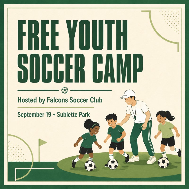 A coach instructs three young children playing soccer on a grassy field with a soccer ball in the foreground, set against a light-colored background with green borders and text announcing a free youth soccer camp.