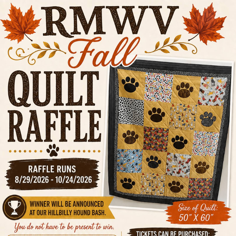 A fall-themed quilt raffle poster features a colorful quilt with paw prints in the foreground and autumn leaves and event details in the background.