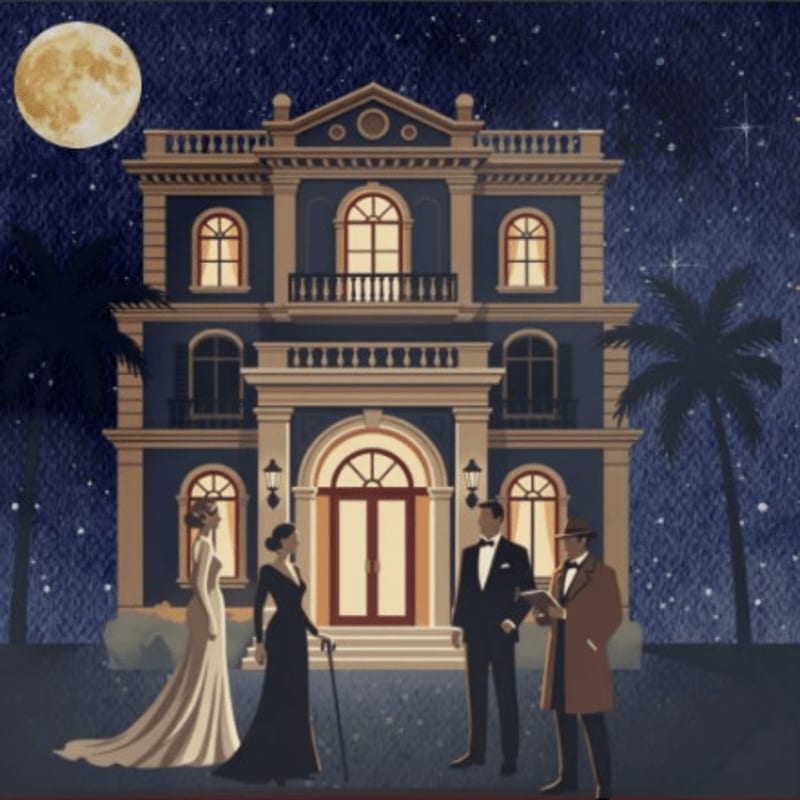 Four elegantly dressed people stand on the steps of a grand mansion under a starry night sky with a large moon.