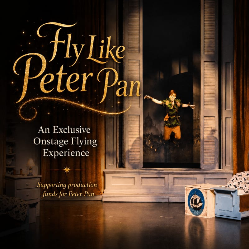 In the foreground, a stage is set with theatrical props and curtains, while in the background, Peter Pan is captured mid-flight through an open window.