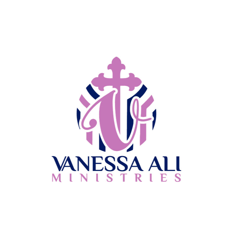 A stylized purple and pink cross with the letters "VH" intertwined sits above the navy blue and pink text "VANESSA ALI MINISTRIES" on a white background.