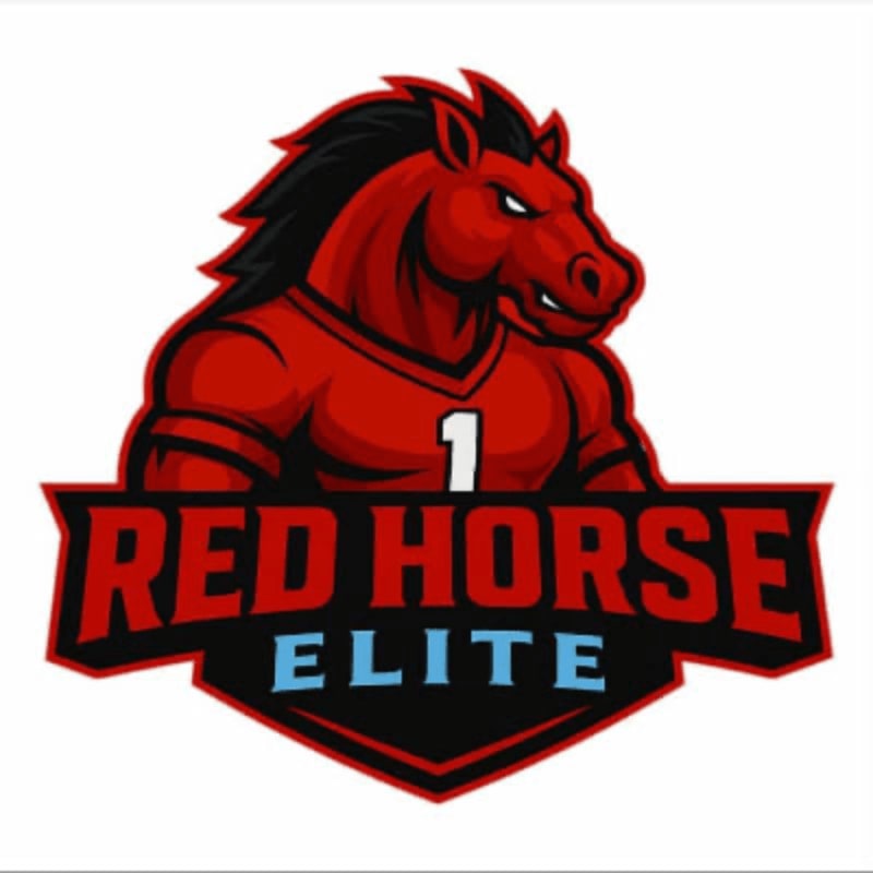 A muscular red horse wearing a jersey with the number 1 stands proudly above the words "RED HORSE ELITE" on a white background.