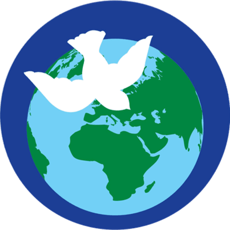 Two white doves fly across a stylized globe of Earth, all enclosed within a dark blue circle.