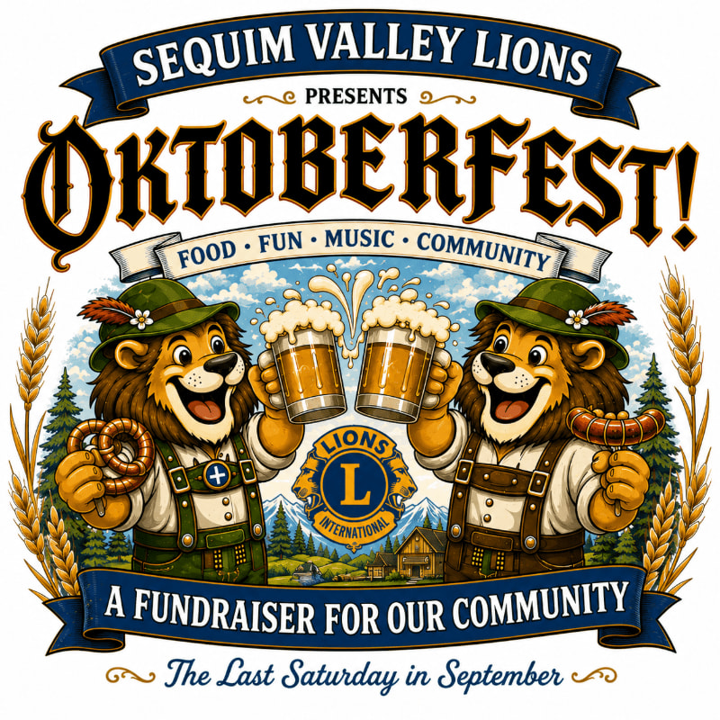 Two cartoon lions in lederhosen hold beer steins and pretzels, with a Bavarian village and wheat stalks in the background, advertising a Sequim Valley Lions Oktoberfest fundraiser.