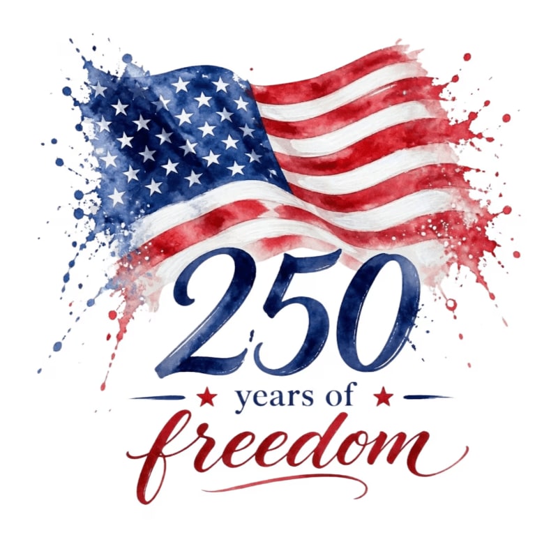 A watercolor American flag with a splash effect in the background is overlaid with the text "250 years of freedom" in the foreground.
