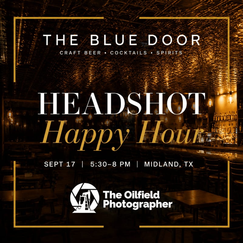 A dark, atmospheric bar with warm lighting in the background hosts a "Headshot Happy Hour" event advertised in the foreground by "The Oilfield Photographer."