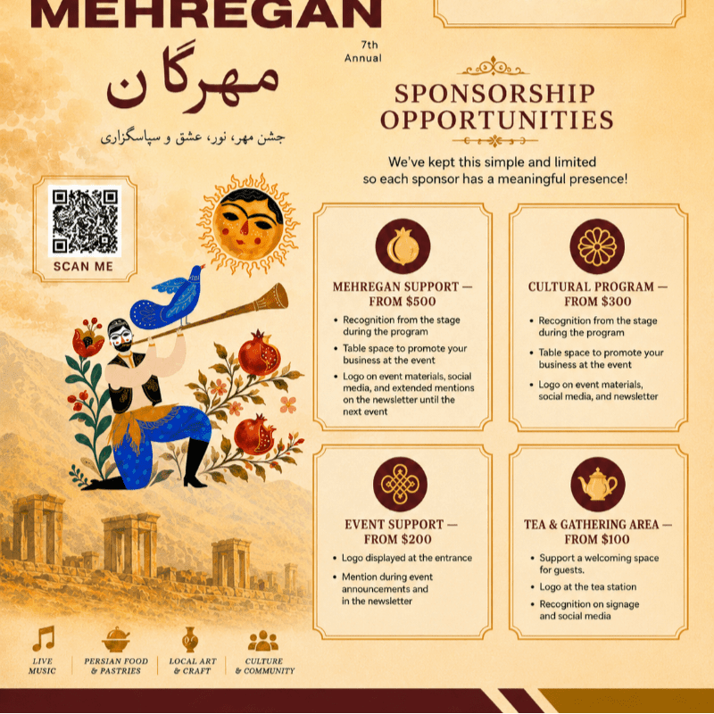 A colorful illustration of a man playing a flute with a bird on his shoulder stands in the foreground against a background of sponsorship opportunities for the Mehregan festival.