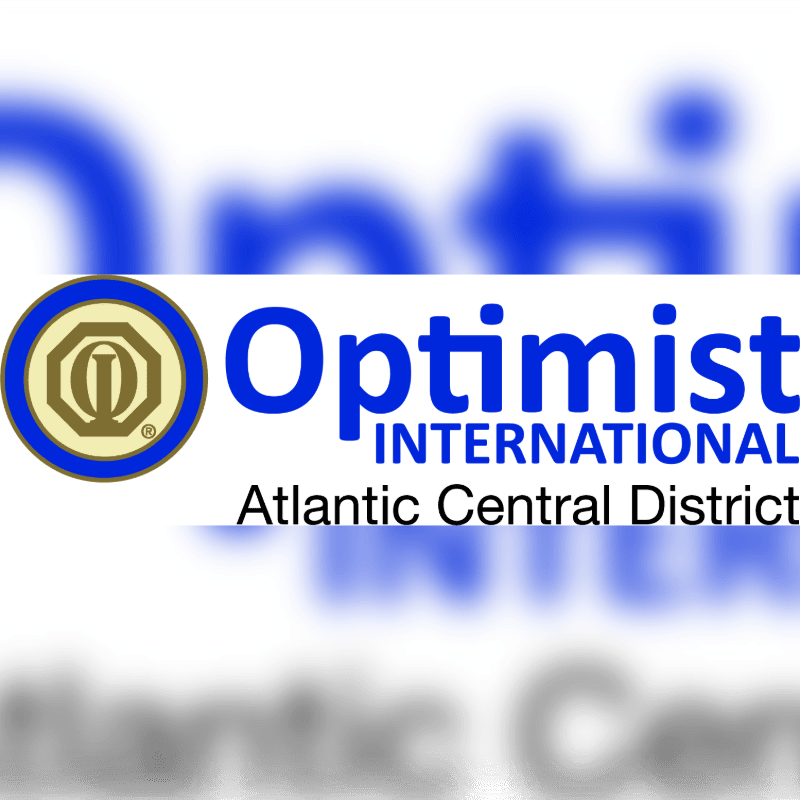 A blue and gold Optimist International logo with the words "Atlantic Central District" is in the foreground, set against a blurred background of the same text.