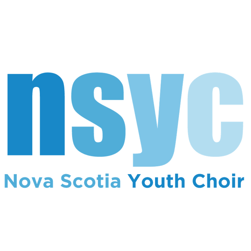 Large blue letters spelling "nsyc" are in the foreground, with "Nova Scotia Youth Choir" written below them in smaller blue text, all against a white background.