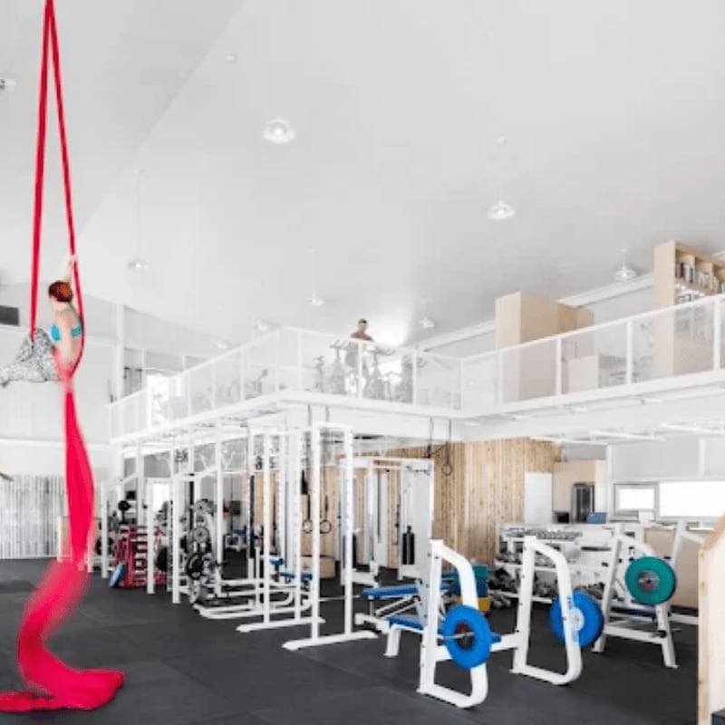 A woman practices aerial silks in the foreground of a brightly lit gym filled with weightlifting equipment and a mezzanine level in the background.
