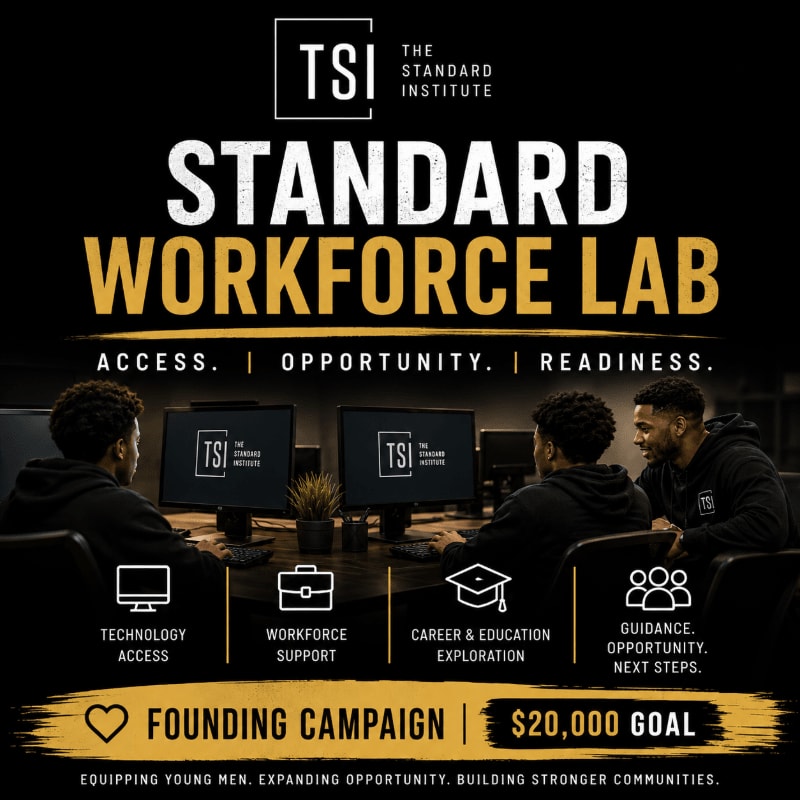 Three young men are seated at computers in a lab, with the "Standard Workforce Lab" branding and campaign details prominently displayed in the background.